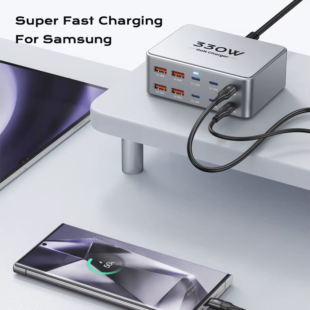 330W USB C Gan Charger 100W PD3.0 PPS QC3.0 Multiport Fast Charging Station for Laptop Iphone 15 16 Samsung Macbook Pro Tablet